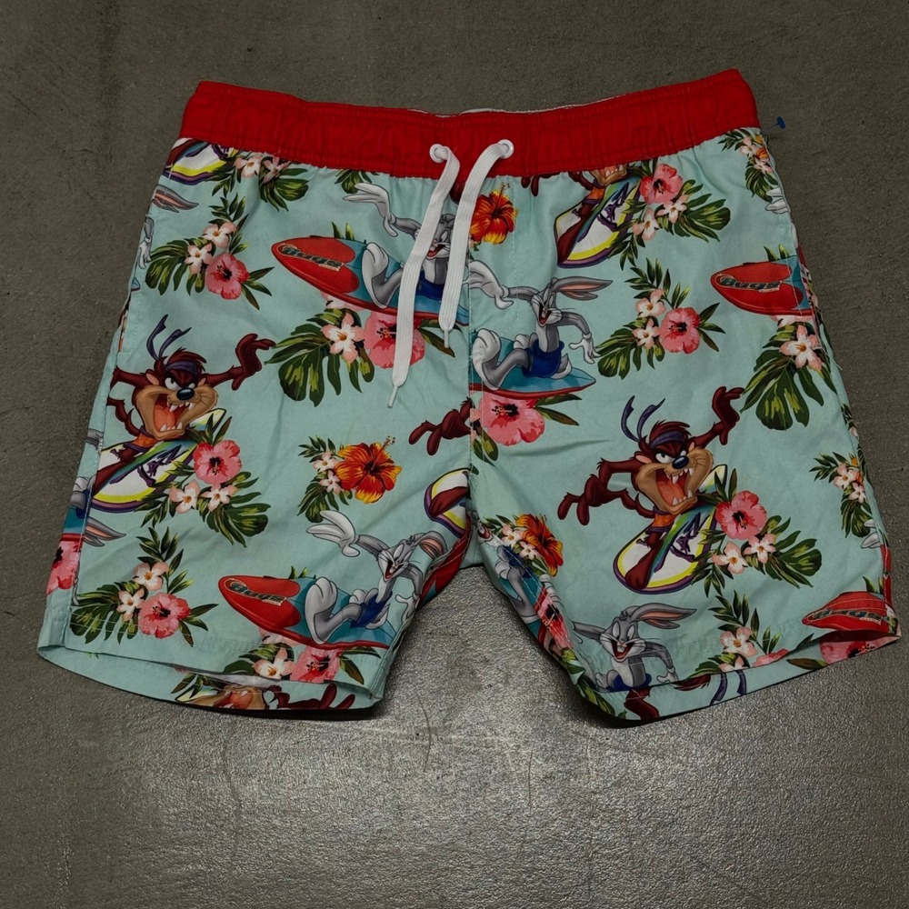 Looney Tunes Mens Bugs Bunny Taz Surfing Tropical Floral Swim Trunks Blue Red 32